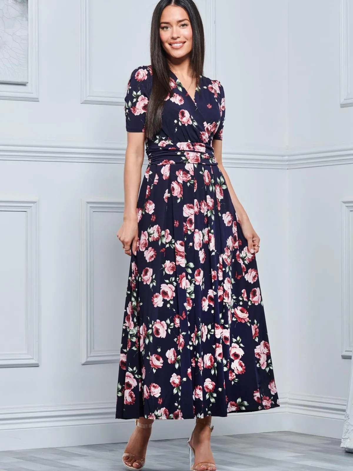 Jolie Moi Occasion Dresses|Floral Dresses-Kiera Wrap Front Maxi Dress, Navy Floral