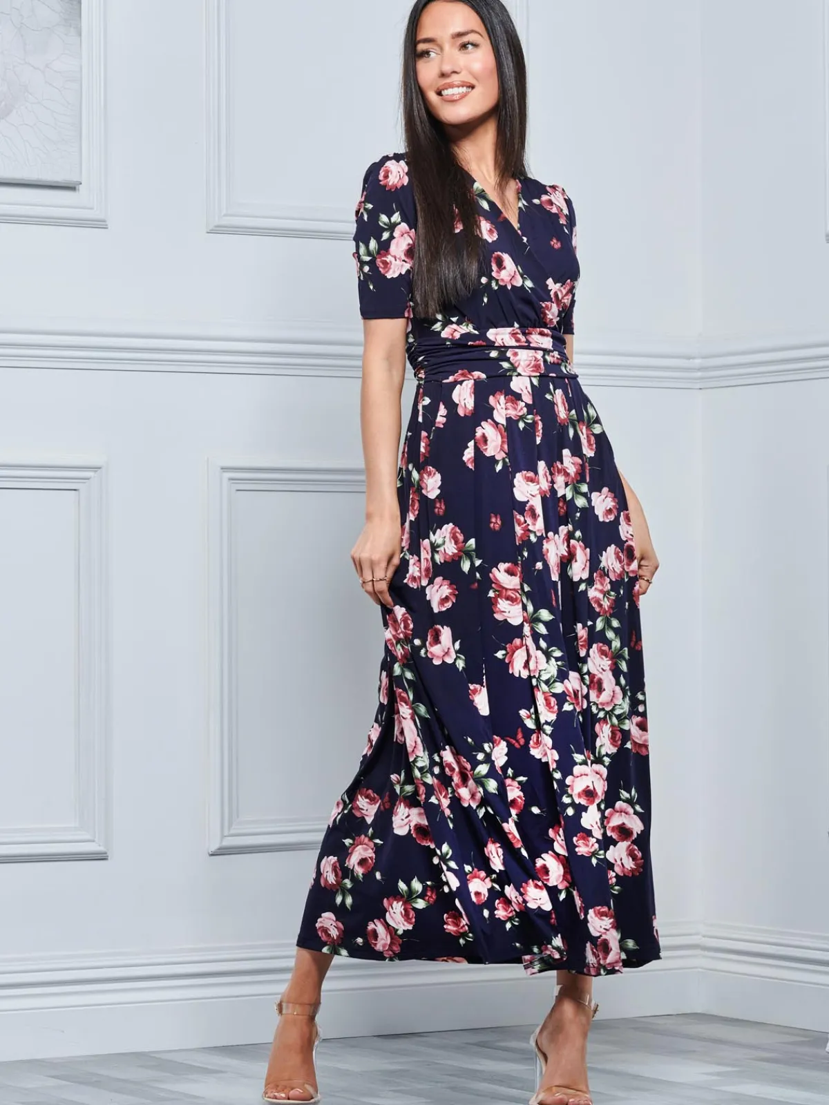 Jolie Moi Occasion Dresses|Floral Dresses-Kiera Wrap Front Maxi Dress, Navy Floral