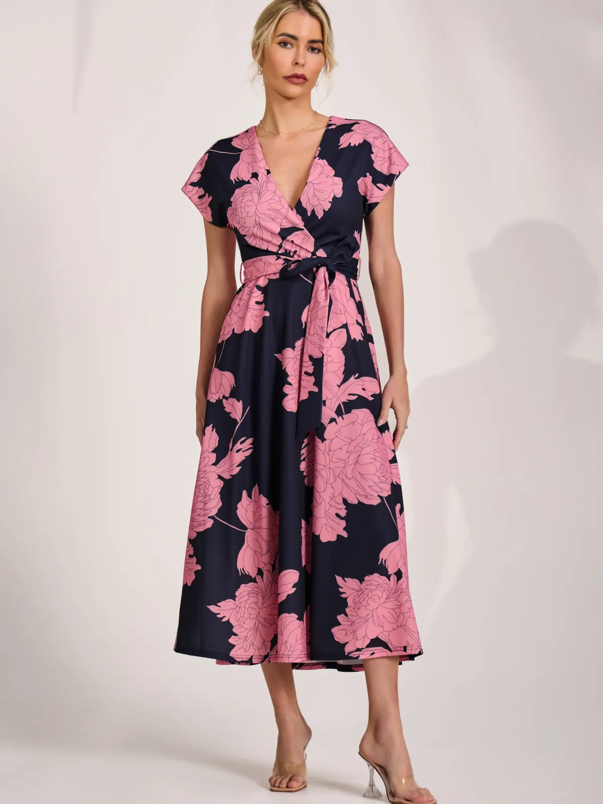 Jolie Moi Occasion Dresses|Wedding Guest-Kimono Sleeve Print Scuba Midaxi Dress, Pink Floral