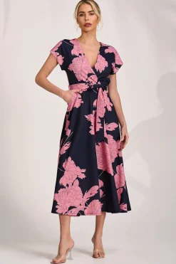 Jolie Moi Occasion Dresses|Wedding Guest-Kimono Sleeve Print Scuba Midaxi Dress, Pink Floral