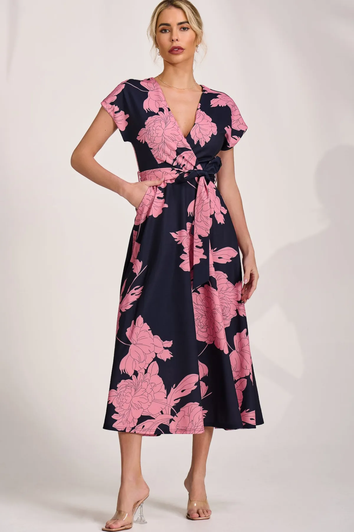Jolie Moi Occasion Dresses|Wedding Guest-Kimono Sleeve Print Scuba Midaxi Dress, Pink Floral