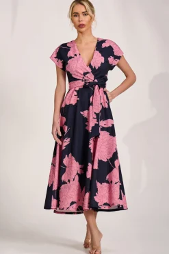 Jolie Moi Occasion Dresses|Wedding Guest-Kimono Sleeve Print Scuba Midaxi Dress, Pink Floral