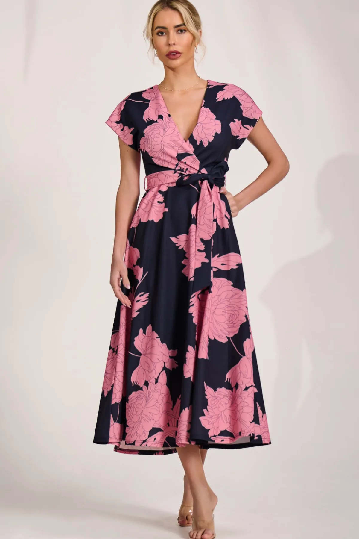 Jolie Moi Occasion Dresses|Wedding Guest-Kimono Sleeve Print Scuba Midaxi Dress, Pink Floral