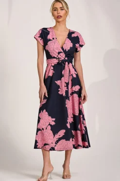 Jolie Moi Occasion Dresses|Wedding Guest-Kimono Sleeve Print Scuba Midaxi Dress, Pink Floral