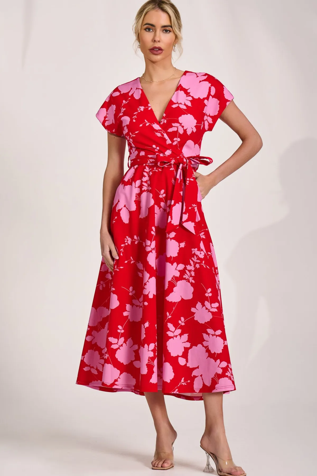 Jolie Moi Occasion Dresses|Wedding Guest-Kimono Sleeve Print Scuba Midaxi Dress, Red Floral