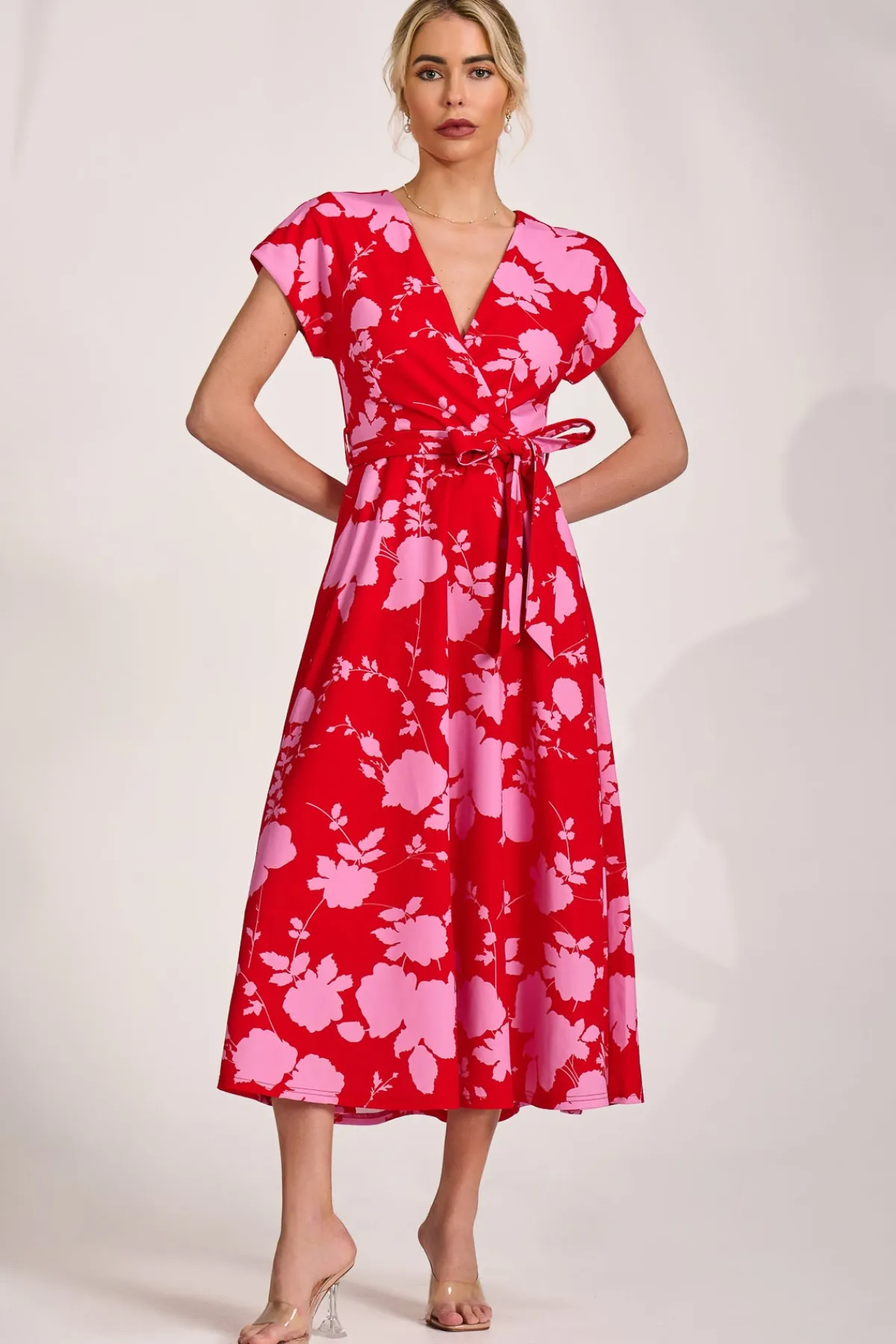 Jolie Moi Occasion Dresses|Wedding Guest-Kimono Sleeve Print Scuba Midaxi Dress, Red Floral