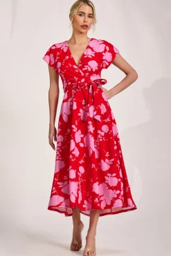 Jolie Moi Occasion Dresses|Wedding Guest-Kimono Sleeve Print Scuba Midaxi Dress, Red Floral