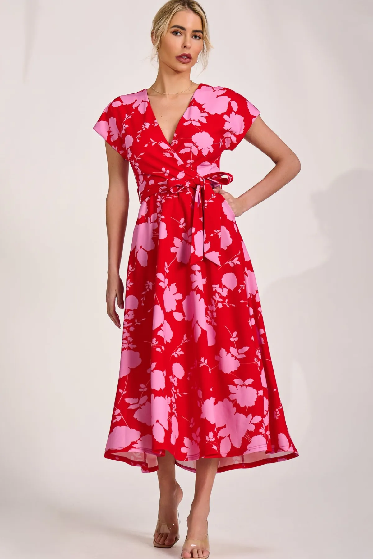 Jolie Moi Occasion Dresses|Wedding Guest-Kimono Sleeve Print Scuba Midaxi Dress, Red Floral