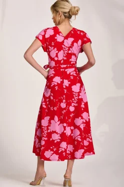 Jolie Moi Occasion Dresses|Wedding Guest-Kimono Sleeve Print Scuba Midaxi Dress, Red Floral