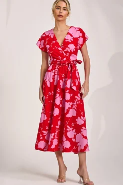 Jolie Moi Occasion Dresses|Wedding Guest-Kimono Sleeve Print Scuba Midaxi Dress, Red Floral