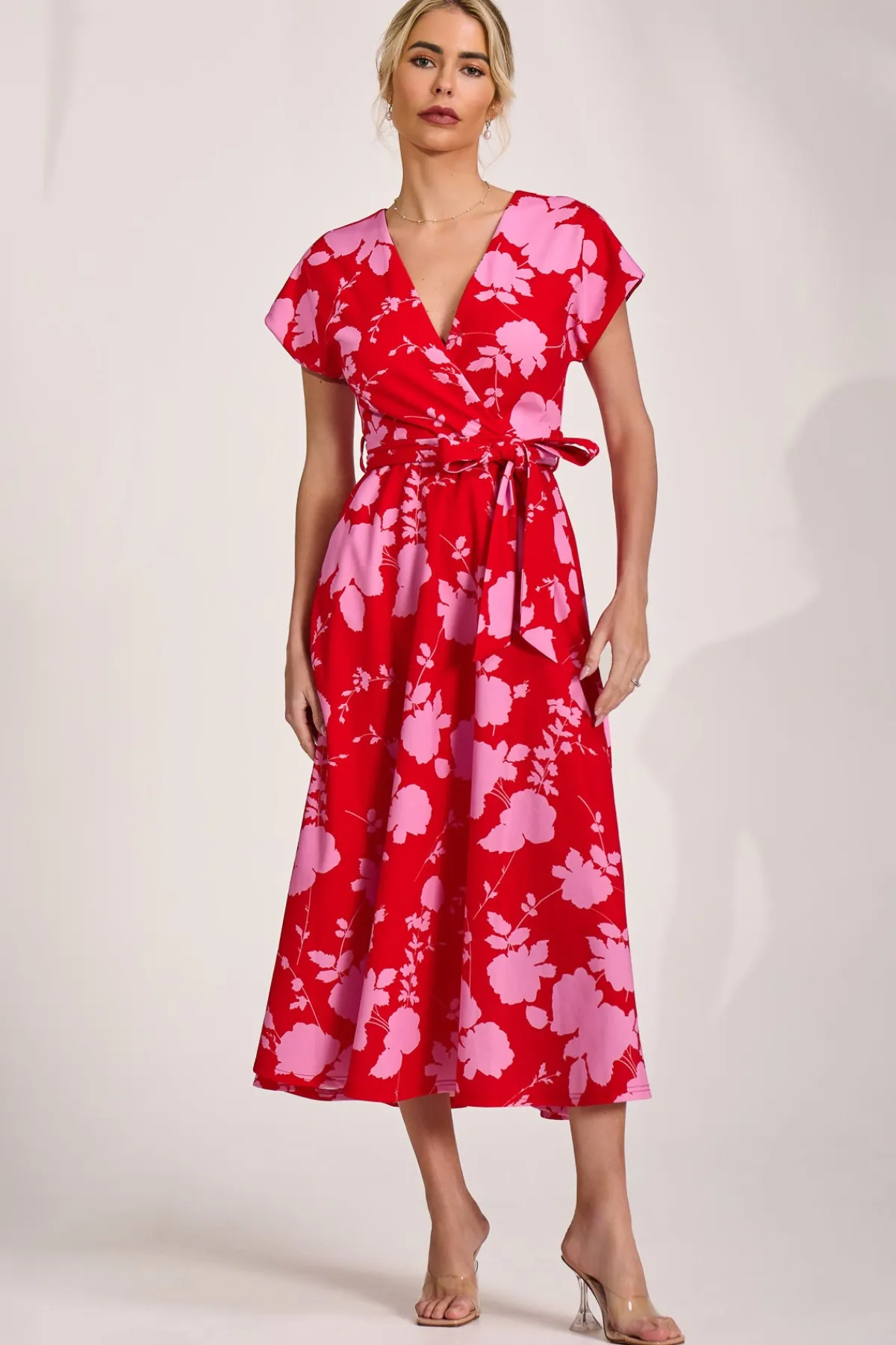 Jolie Moi Occasion Dresses|Wedding Guest-Kimono Sleeve Print Scuba Midaxi Dress, Red Floral