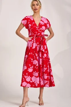 Jolie Moi Occasion Dresses|Wedding Guest-Kimono Sleeve Print Scuba Midaxi Dress, Red Floral
