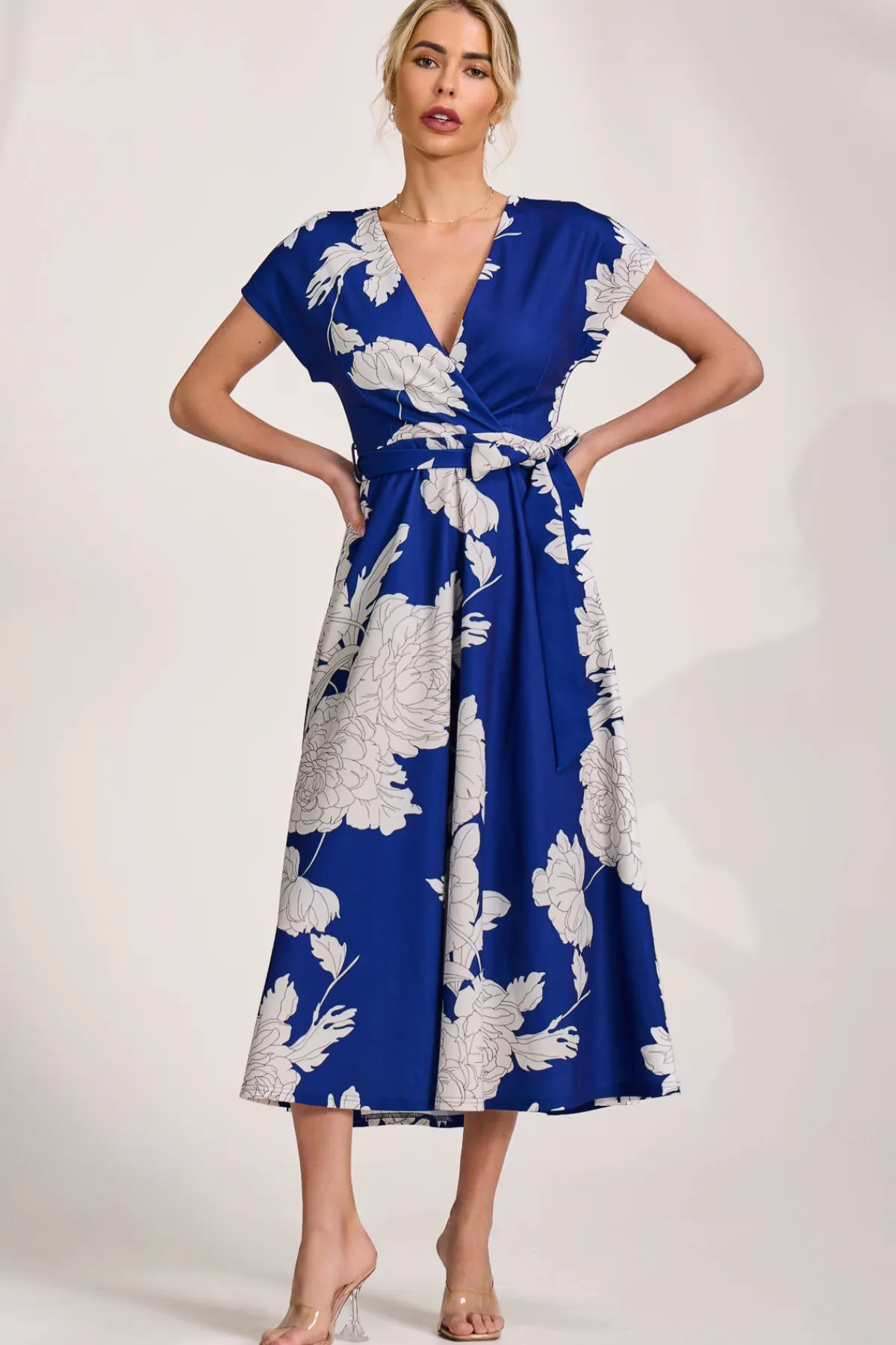 Jolie Moi Occasion Dresses|Floral Dresses-Kimono Sleeve Print Scuba Midaxi Dress, Royal Blue