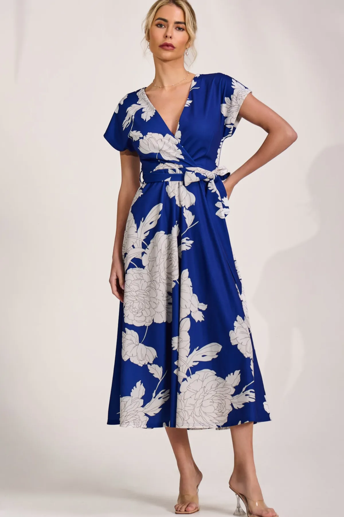 Jolie Moi Occasion Dresses|Floral Dresses-Kimono Sleeve Print Scuba Midaxi Dress, Royal Blue