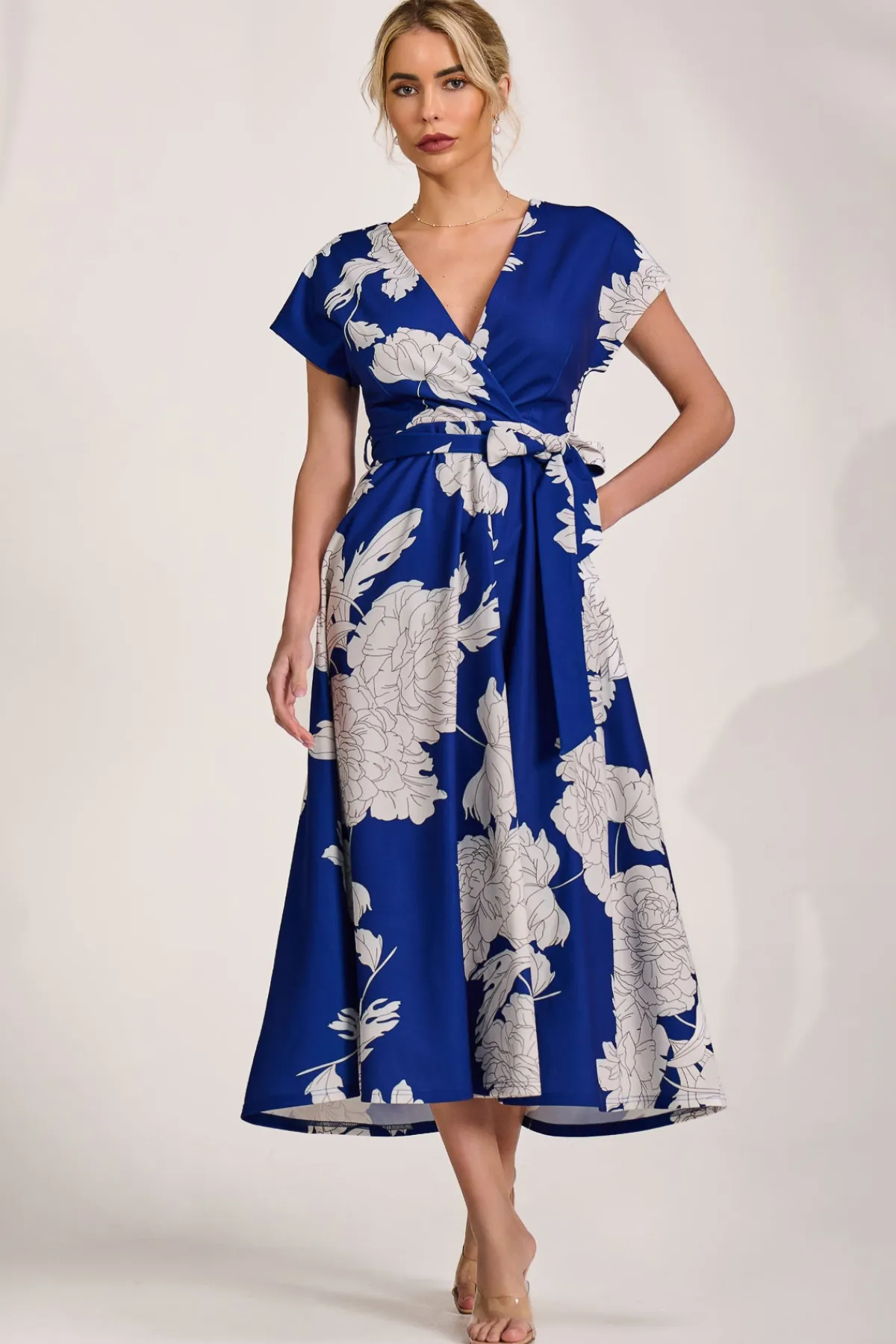 Jolie Moi Occasion Dresses|Floral Dresses-Kimono Sleeve Print Scuba Midaxi Dress, Royal Blue