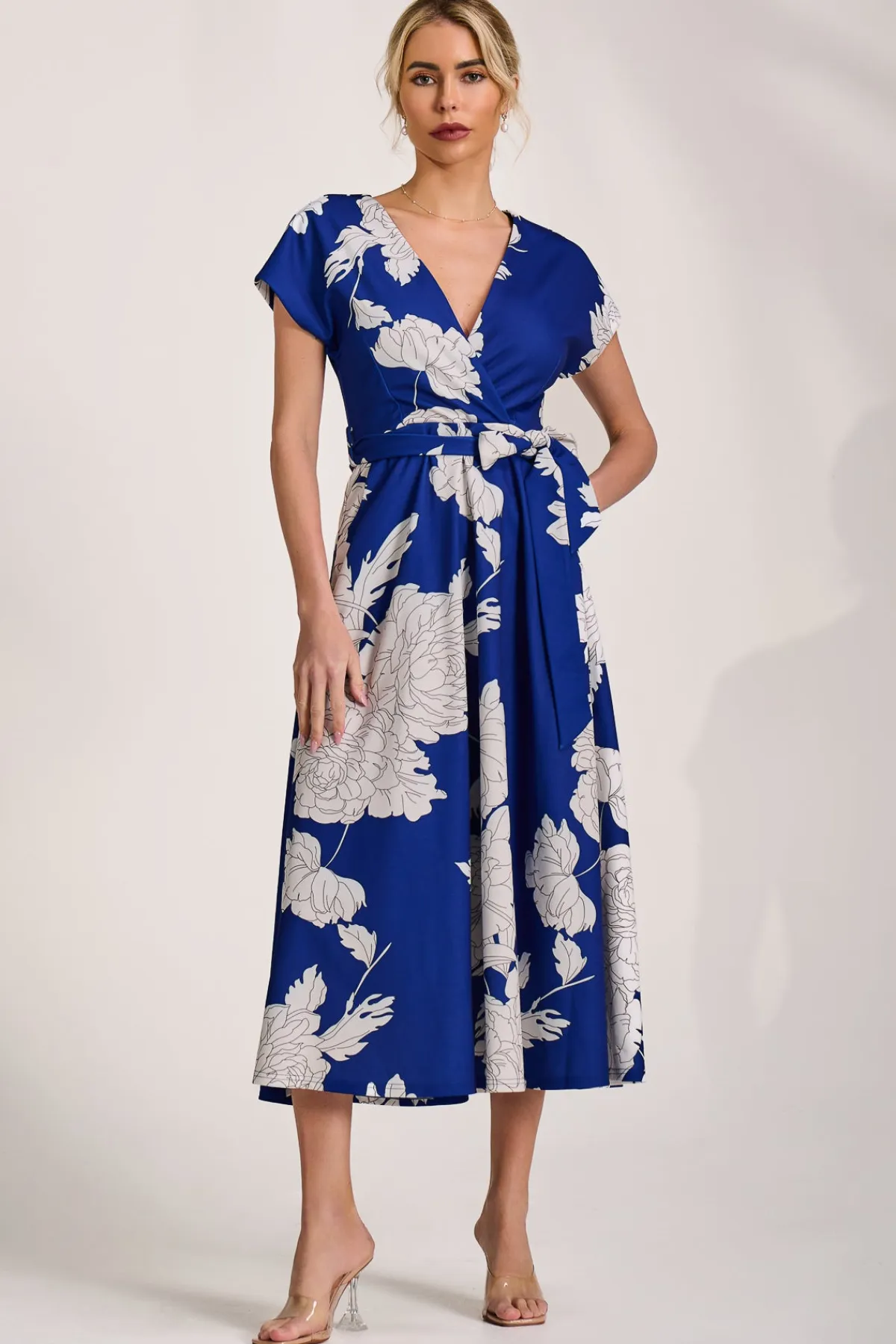 Jolie Moi Occasion Dresses|Floral Dresses-Kimono Sleeve Print Scuba Midaxi Dress, Royal Blue