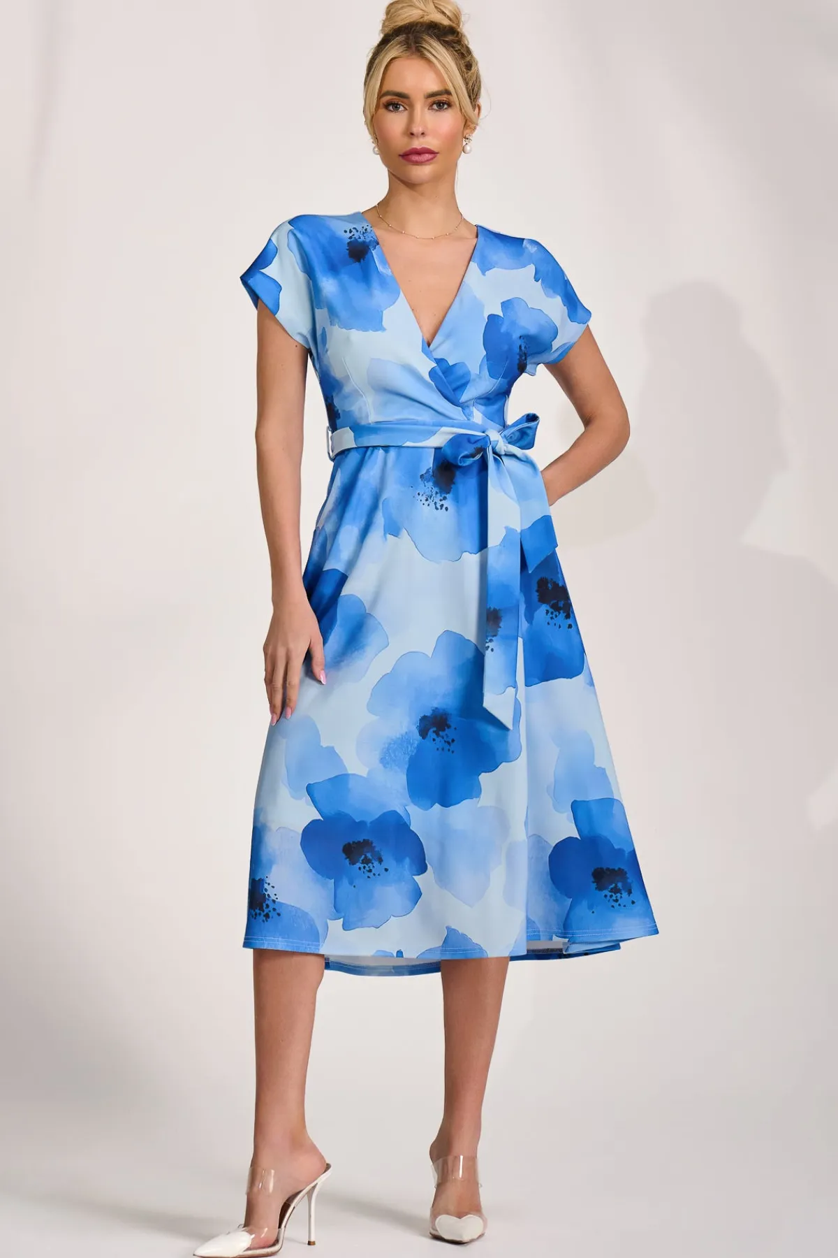 Jolie Moi Occasion Dresses|Midi Dresses-Kimono Sleeve Print Scuba Midi Dress, Blue Floral
