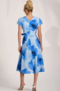 Jolie Moi Occasion Dresses|Midi Dresses-Kimono Sleeve Print Scuba Midi Dress, Blue Floral
