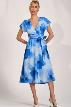 Jolie Moi Occasion Dresses|Midi Dresses-Kimono Sleeve Print Scuba Midi Dress, Blue Floral