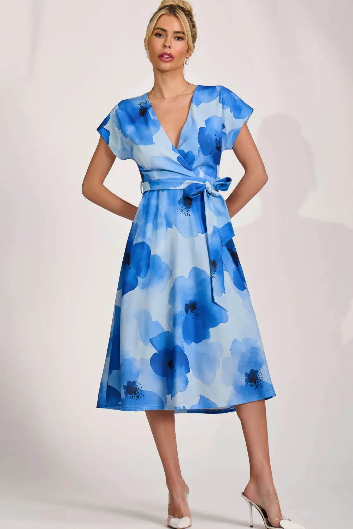 Jolie Moi Occasion Dresses|Midi Dresses-Kimono Sleeve Print Scuba Midi Dress, Blue Floral