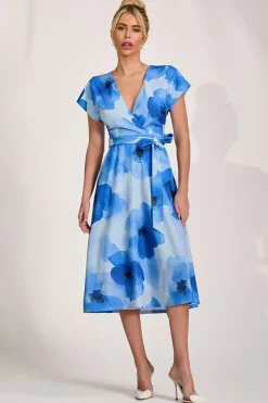 Jolie Moi Occasion Dresses|Midi Dresses-Kimono Sleeve Print Scuba Midi Dress, Blue Floral