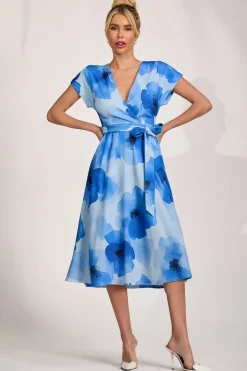 Jolie Moi Occasion Dresses|Midi Dresses-Kimono Sleeve Print Scuba Midi Dress, Blue Floral