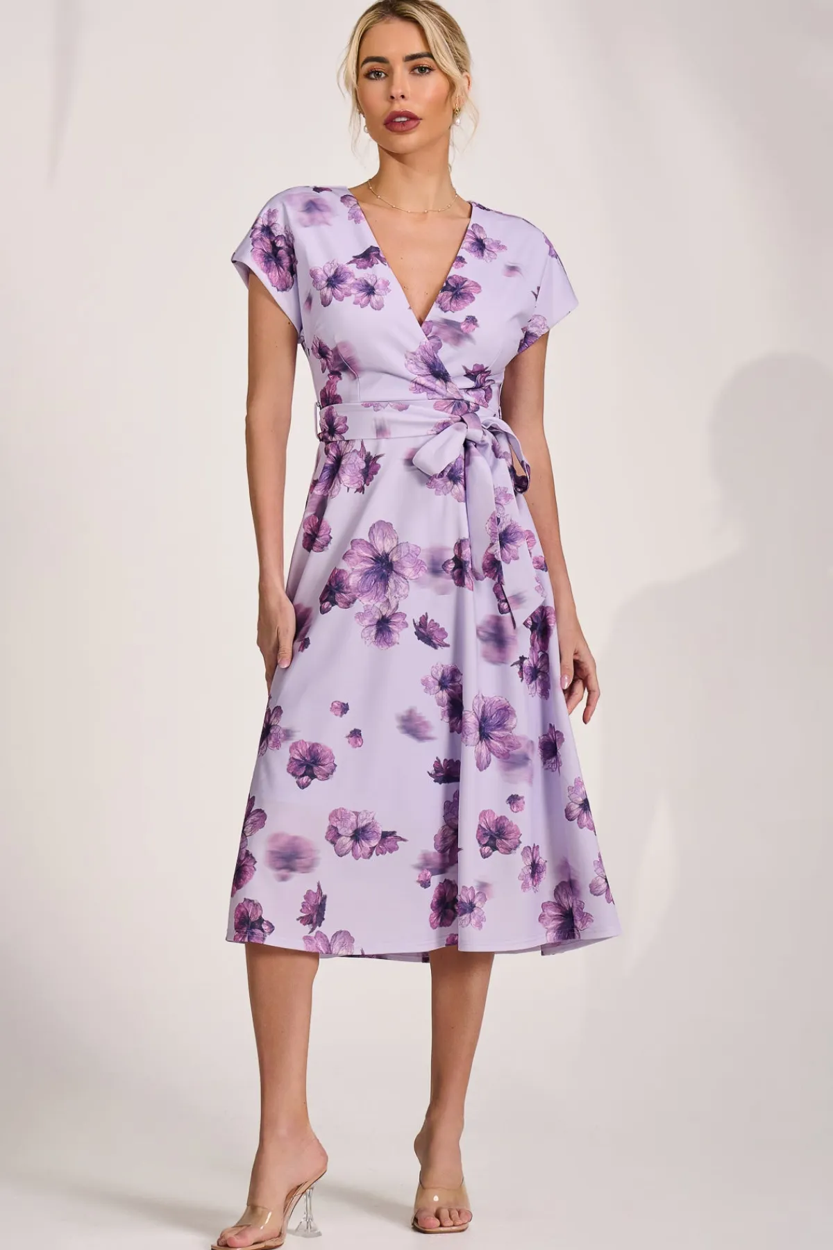 Jolie Moi Occasion Dresses|Wedding Guest-Kimono Sleeve Print Scuba Midi Dress, Pink Floral