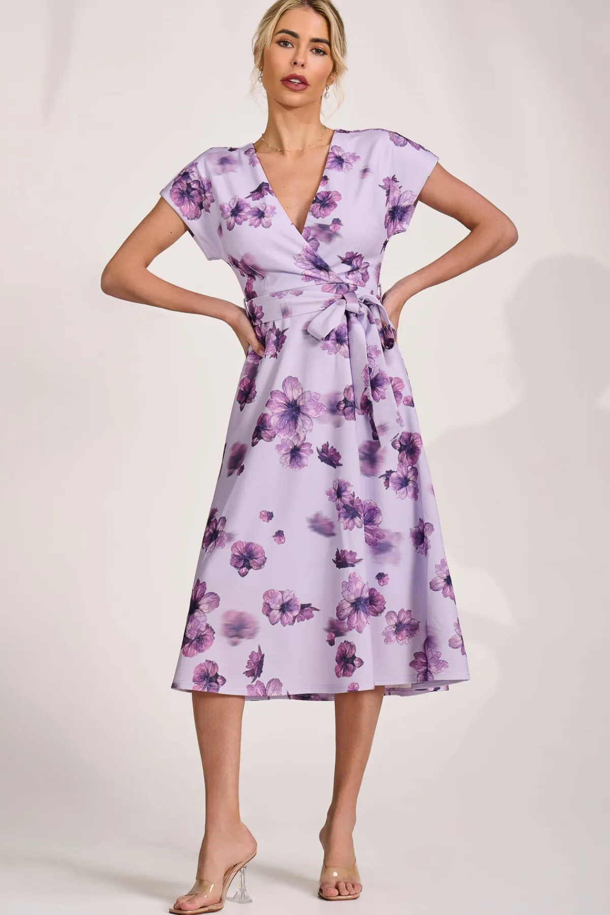 Jolie Moi Occasion Dresses|Wedding Guest-Kimono Sleeve Print Scuba Midi Dress, Pink Floral
