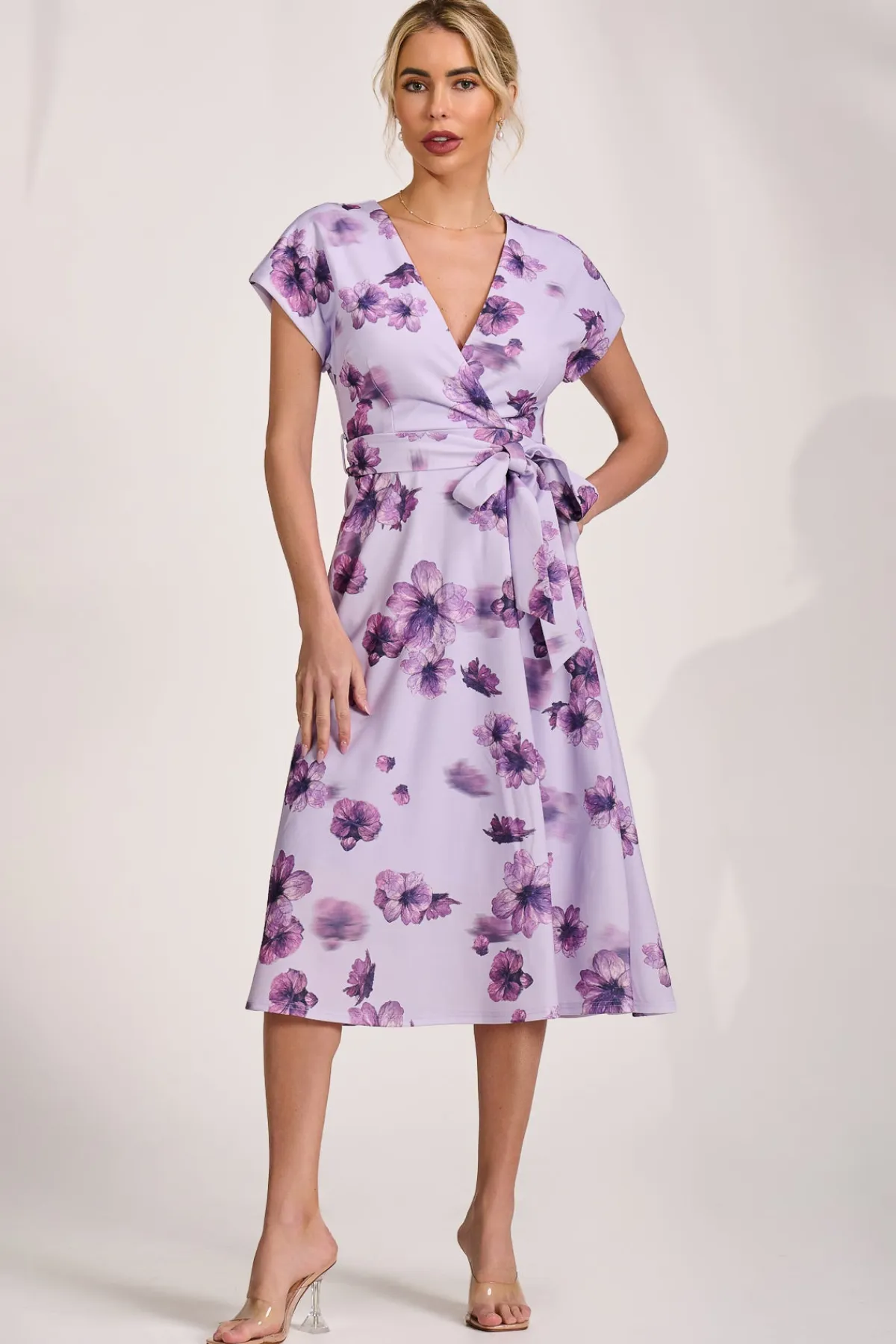Jolie Moi Occasion Dresses|Wedding Guest-Kimono Sleeve Print Scuba Midi Dress, Pink Floral
