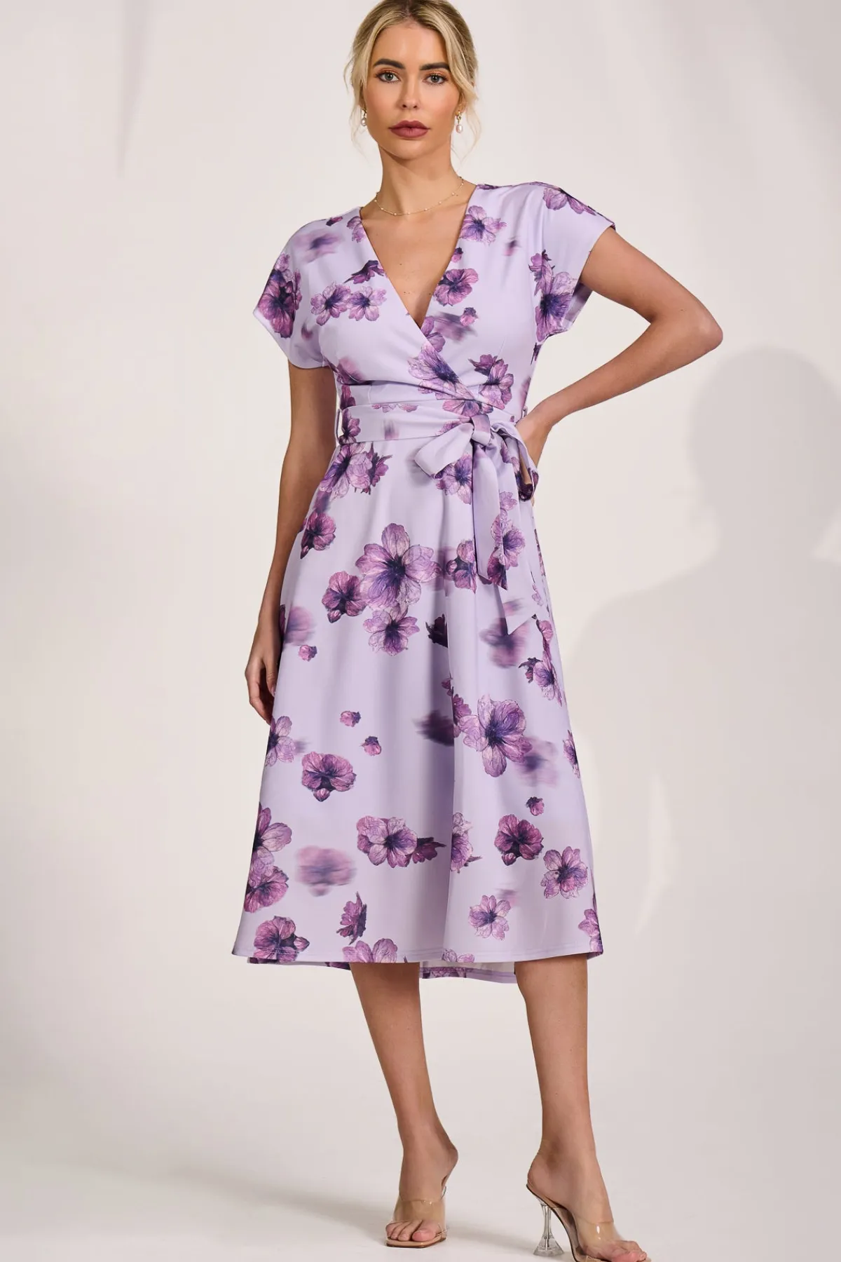 Jolie Moi Occasion Dresses|Wedding Guest-Kimono Sleeve Print Scuba Midi Dress, Pink Floral