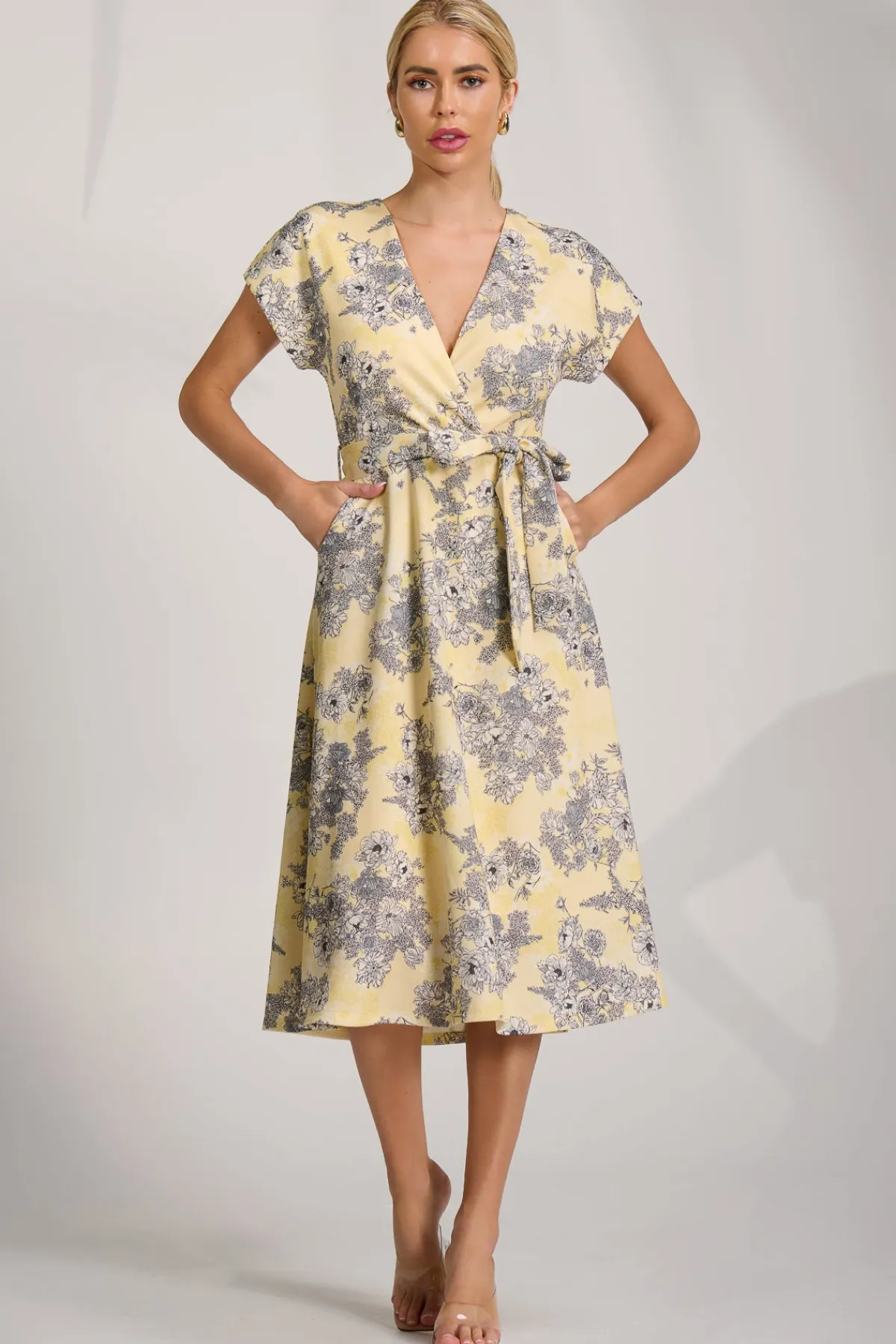 Jolie Moi Occasion Dresses|Wedding Guest-Kimono Sleeve Print Scuba Midi Dress, Yellow Floral