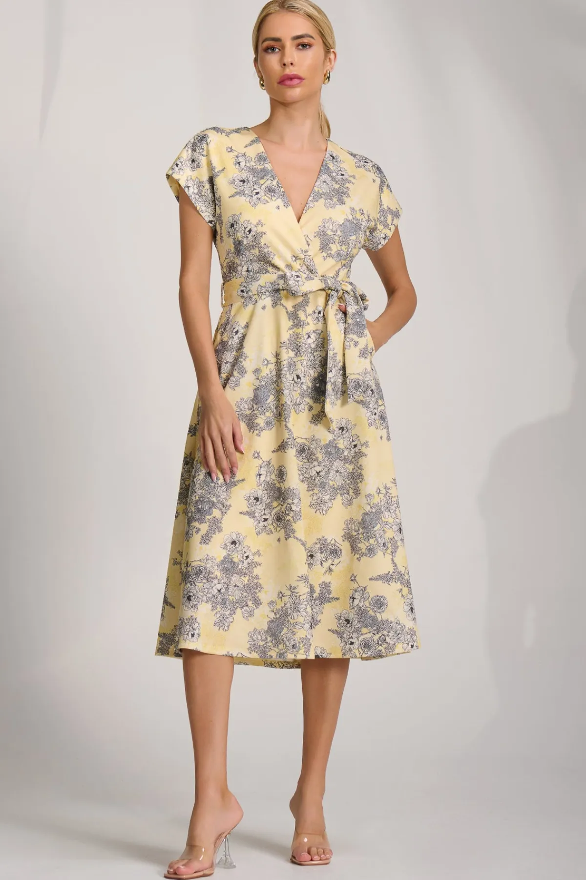 Jolie Moi Occasion Dresses|Wedding Guest-Kimono Sleeve Print Scuba Midi Dress, Yellow Floral