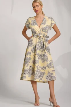 Jolie Moi Occasion Dresses|Wedding Guest-Kimono Sleeve Print Scuba Midi Dress, Yellow Floral