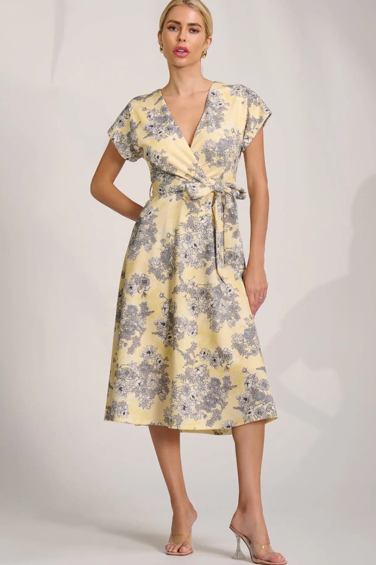 Jolie Moi Occasion Dresses|Wedding Guest-Kimono Sleeve Print Scuba Midi Dress, Yellow Floral