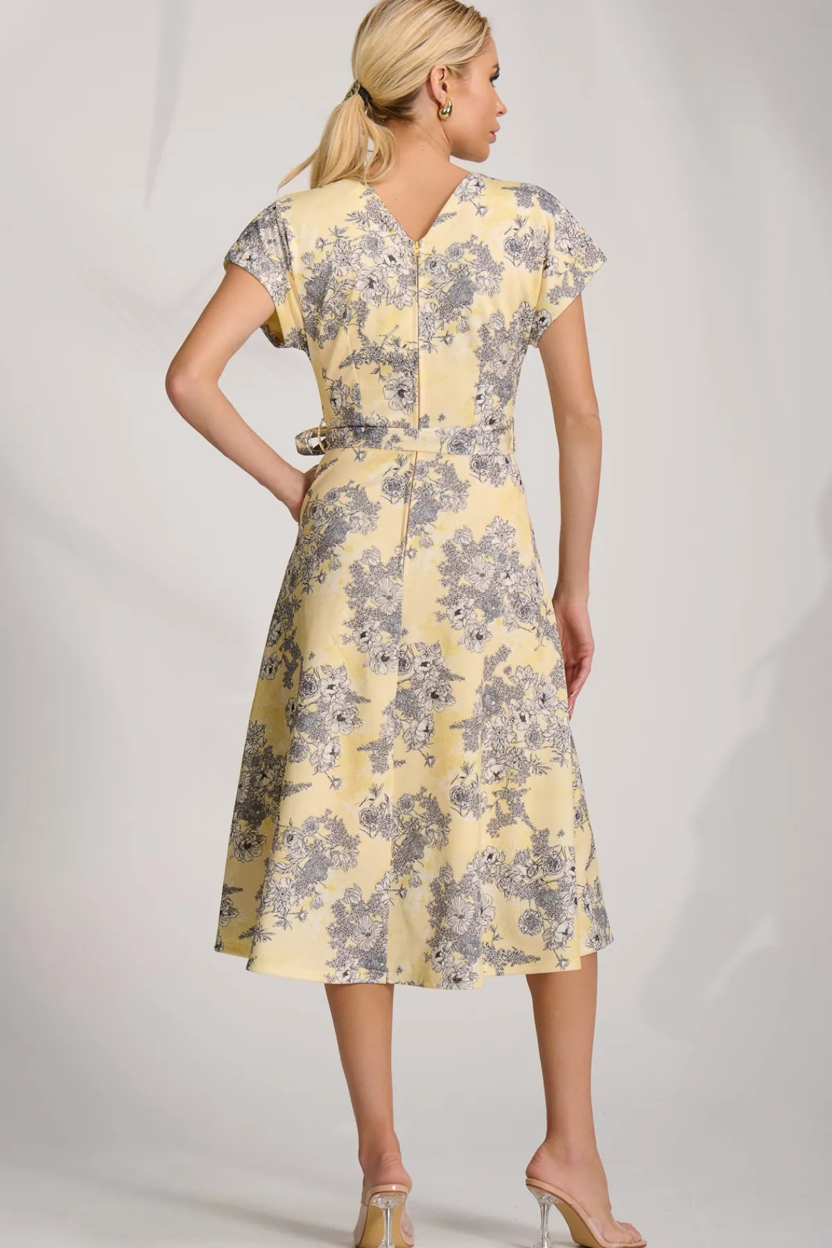 Jolie Moi Occasion Dresses|Wedding Guest-Kimono Sleeve Print Scuba Midi Dress, Yellow Floral