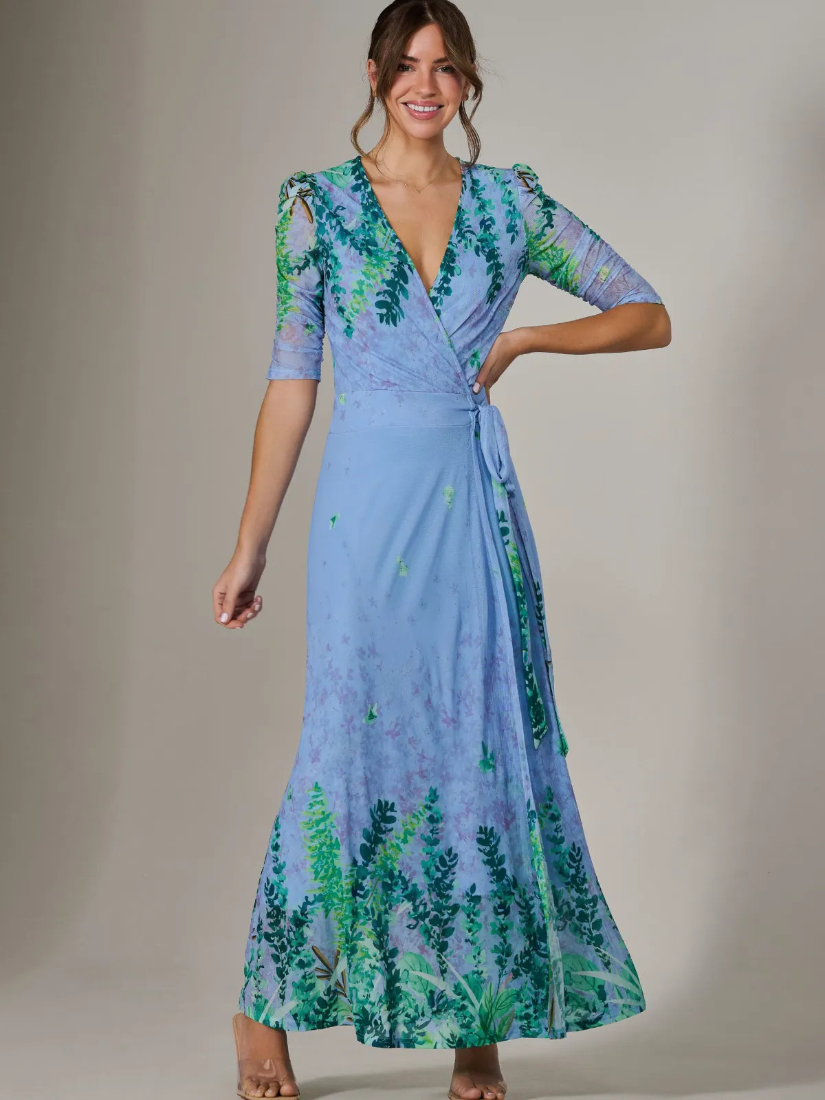 Jolie Moi Occasion Dresses|Floral Dresses-Kinley Print Wrap Mesh Maxi Dress, Green Multi