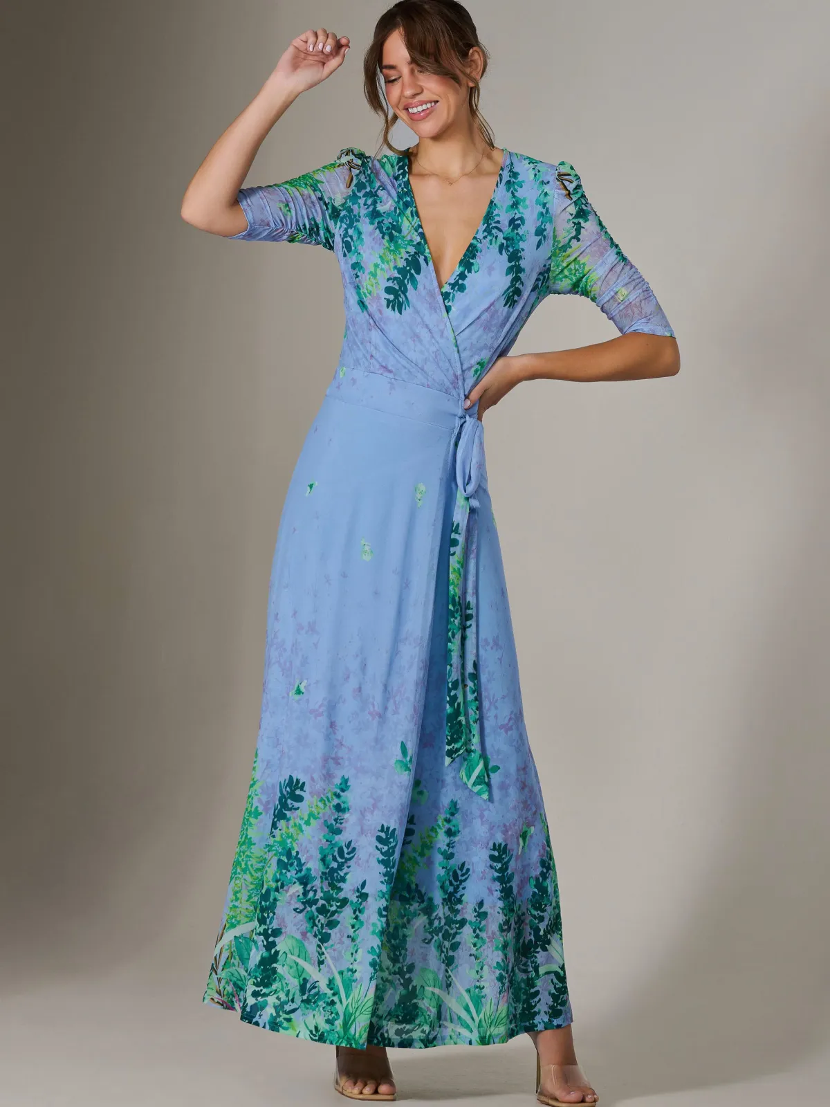 Jolie Moi Occasion Dresses|Floral Dresses-Kinley Print Wrap Mesh Maxi Dress, Green Multi