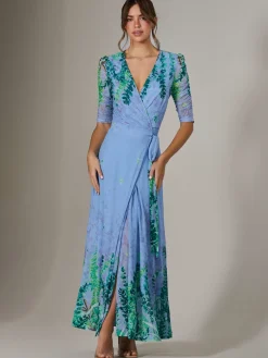 Jolie Moi Occasion Dresses|Floral Dresses-Kinley Print Wrap Mesh Maxi Dress, Green Multi