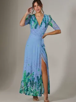 Jolie Moi Occasion Dresses|Floral Dresses-Kinley Print Wrap Mesh Maxi Dress, Green Multi