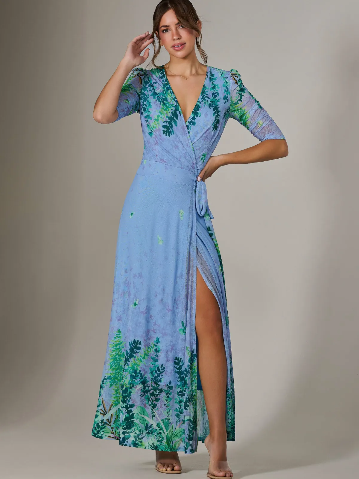 Jolie Moi Occasion Dresses|Floral Dresses-Kinley Print Wrap Mesh Maxi Dress, Green Multi