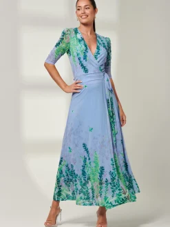 Jolie Moi Occasion Dresses|Floral Dresses-Kinley Print Wrap Mesh Maxi Dress, Green Multi