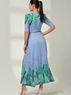 Jolie Moi Occasion Dresses|Floral Dresses-Kinley Print Wrap Mesh Maxi Dress, Green Multi
