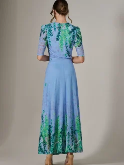 Jolie Moi Occasion Dresses|Floral Dresses-Kinley Print Wrap Mesh Maxi Dress, Green Multi