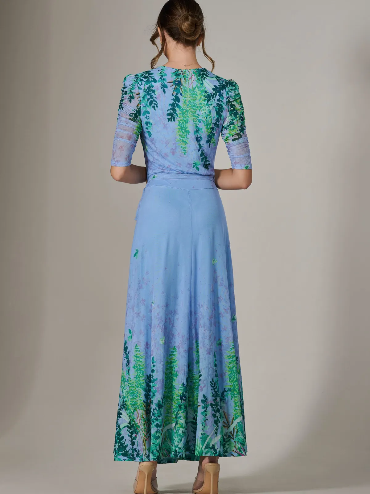 Jolie Moi Occasion Dresses|Floral Dresses-Kinley Print Wrap Mesh Maxi Dress, Green Multi