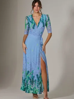 Jolie Moi Occasion Dresses|Floral Dresses-Kinley Print Wrap Mesh Maxi Dress, Green Multi