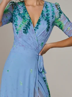Jolie Moi Occasion Dresses|Floral Dresses-Kinley Print Wrap Mesh Maxi Dress, Green Multi