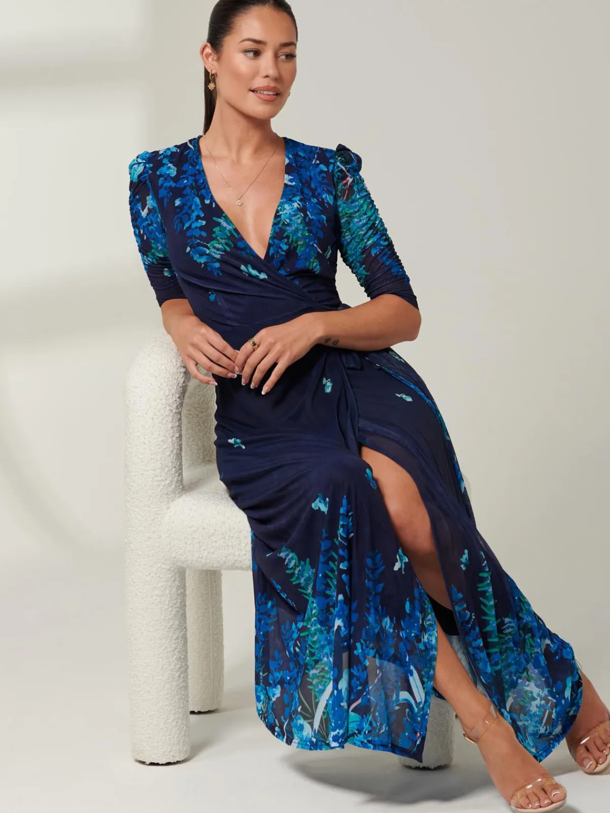 Jolie Moi Occasion Dresses|Floral Dresses-Kinley Print Wrap Mesh Maxi Dress, Navy Leafy