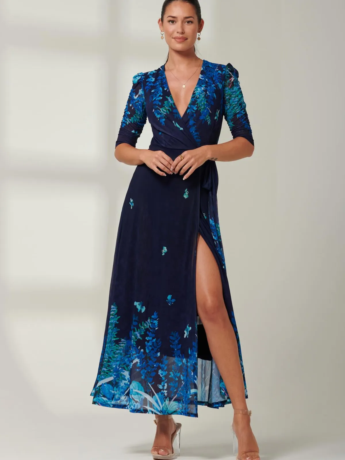 Jolie Moi Occasion Dresses|Floral Dresses-Kinley Print Wrap Mesh Maxi Dress, Navy Leafy