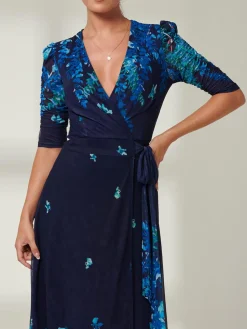 Jolie Moi Occasion Dresses|Floral Dresses-Kinley Print Wrap Mesh Maxi Dress, Navy Leafy
