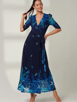 Jolie Moi Occasion Dresses|Floral Dresses-Kinley Print Wrap Mesh Maxi Dress, Navy Leafy